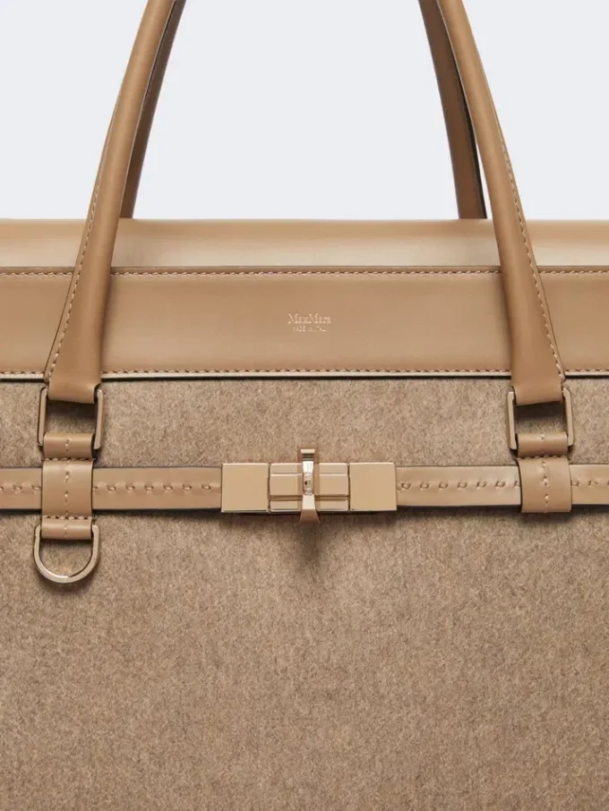 Large cashmere and leather handbag, brown