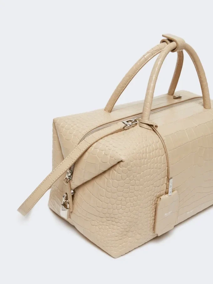 Large, crocodile-print leather boston bag, ice