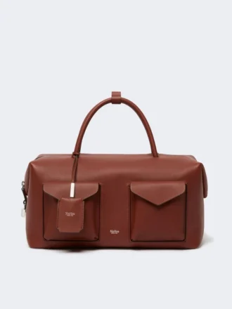 Large leather boston bag with pockets, rust