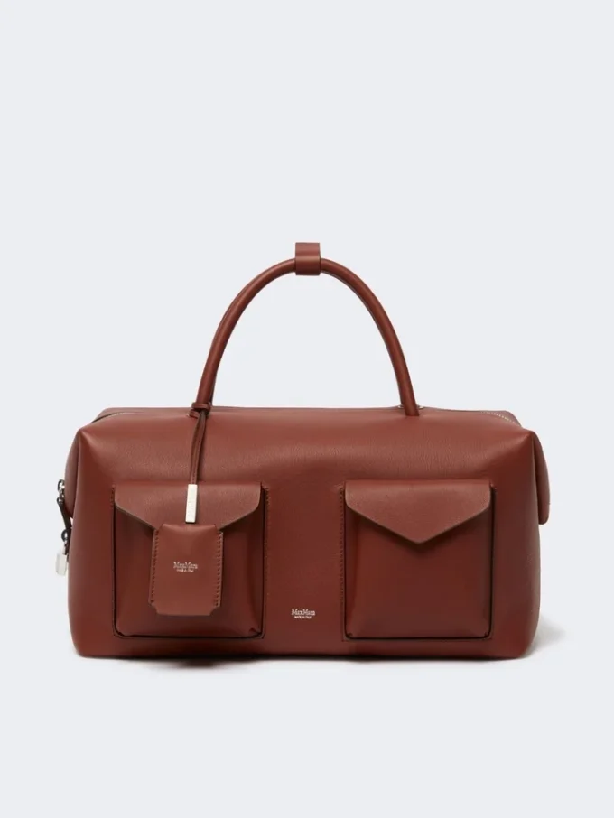 Large leather boston bag with pockets, rust
