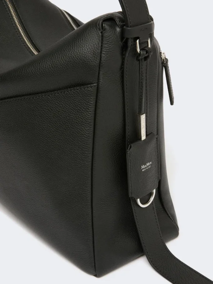 Large, low-sheen leather handbag, black