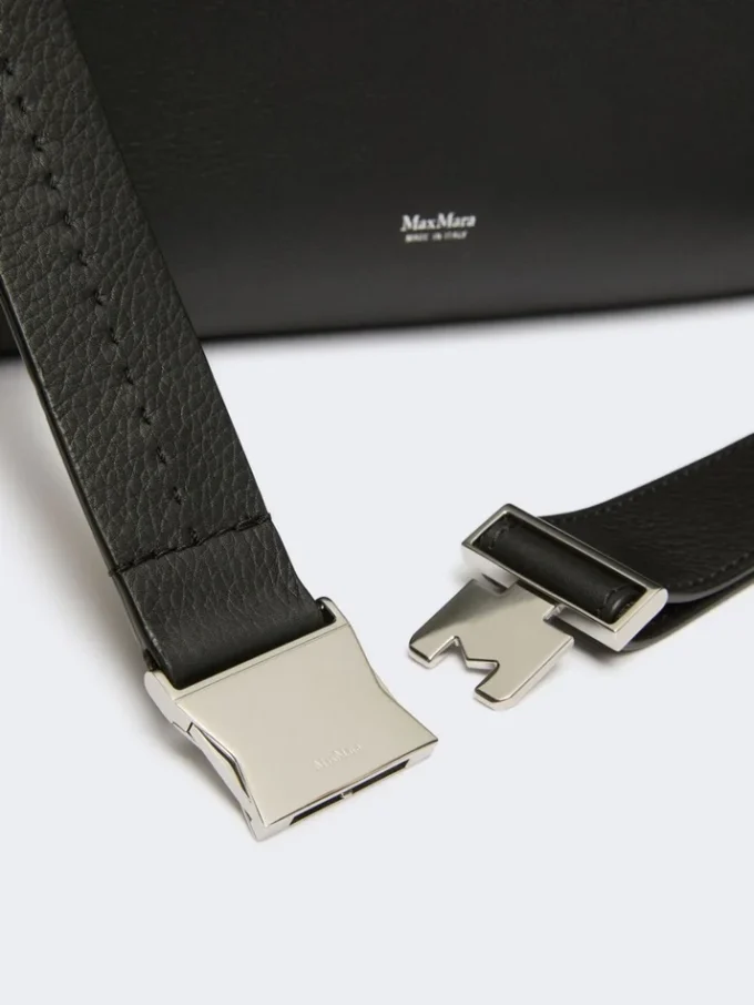 Large, low-sheen leather handbag, black