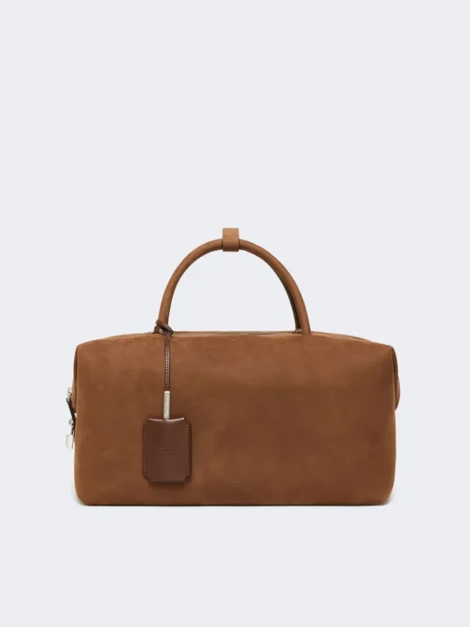 Large nubuck leather boston bag, dark brown