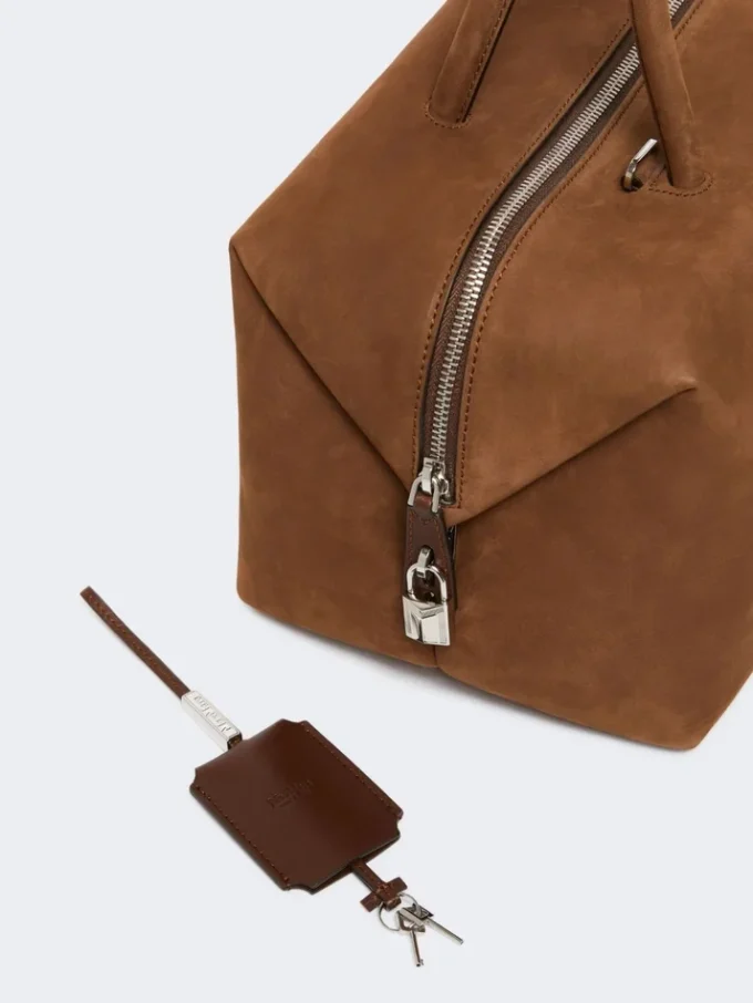 Large nubuck leather boston bag, dark brown