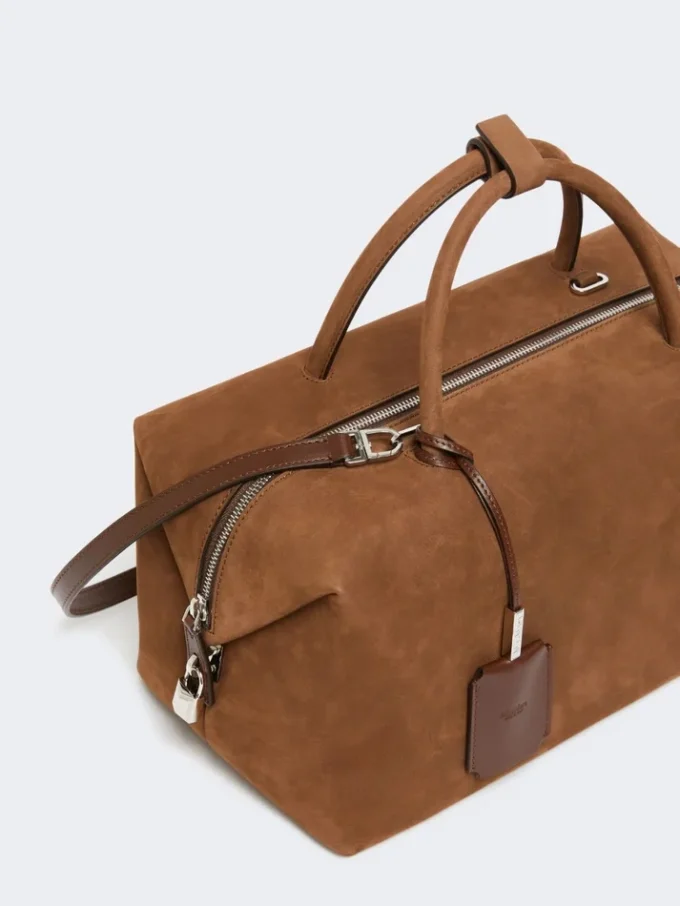 Large nubuck leather boston bag, dark brown