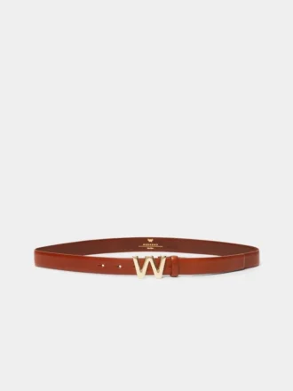 Leather belt with logo buckle, tobacco