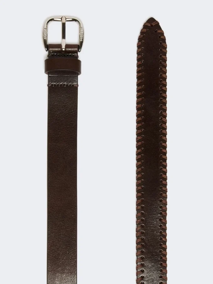 Leather belt with tip, dark brown