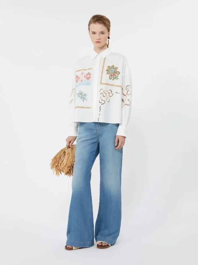 Cotton blouse with lace and embroideries, white