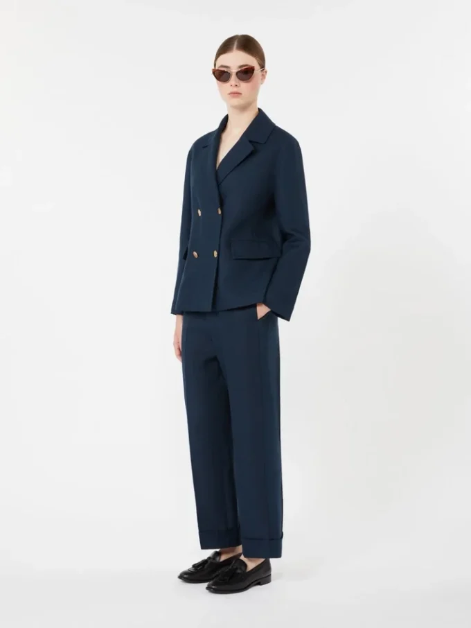 Linen basketweave straight trousers, midnightblue