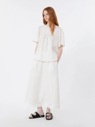 Linen skirt with à jour embroidery, ecru