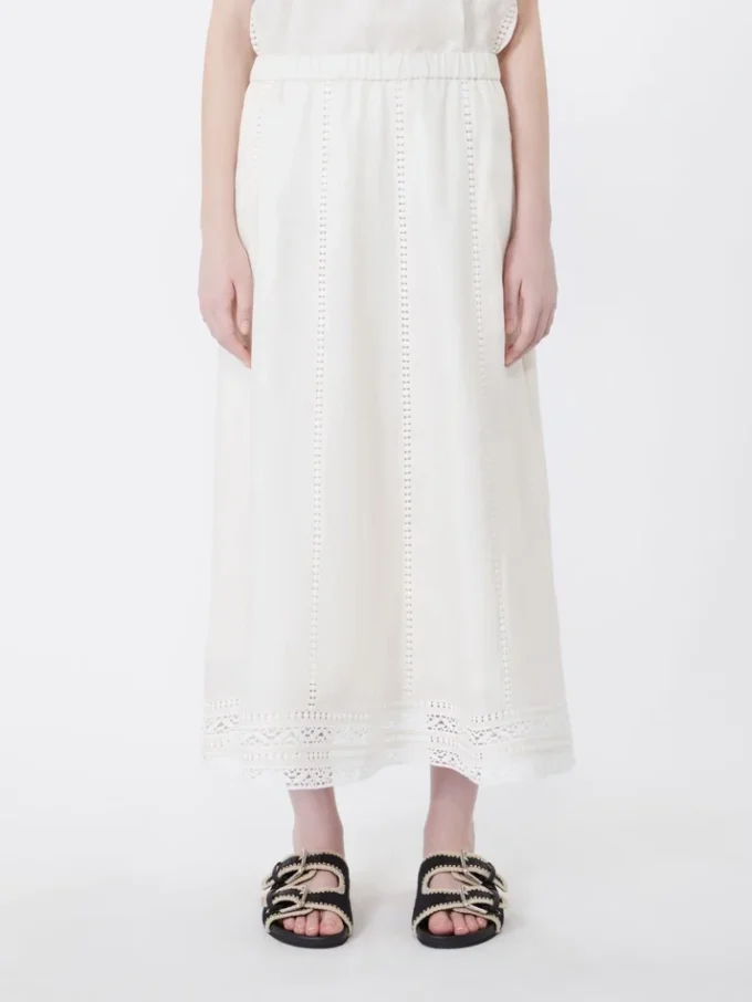 Linen skirt with à jour embroidery, ecru