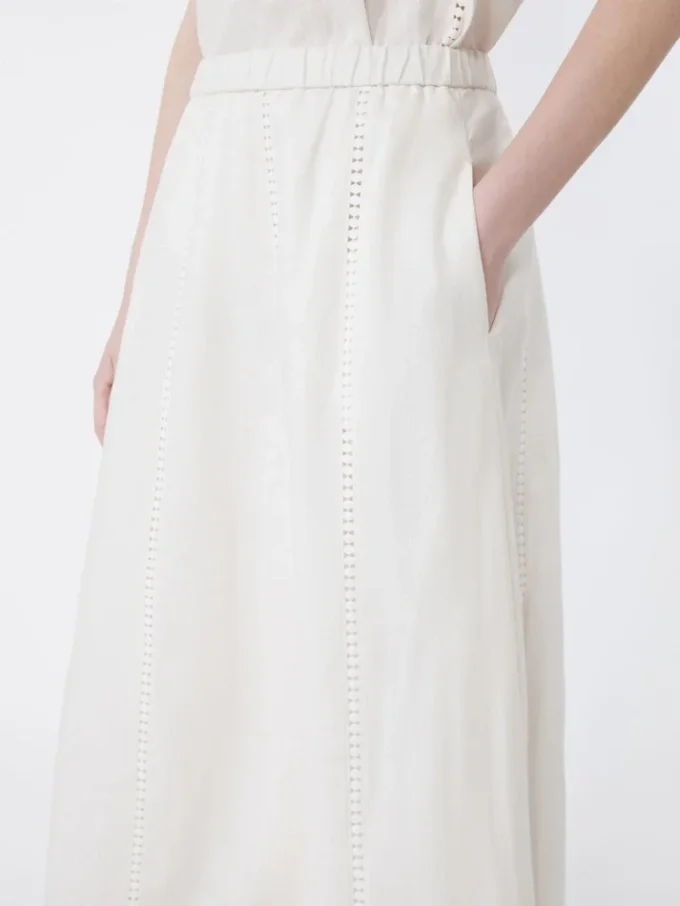 Linen skirt with à jour embroidery, ecru