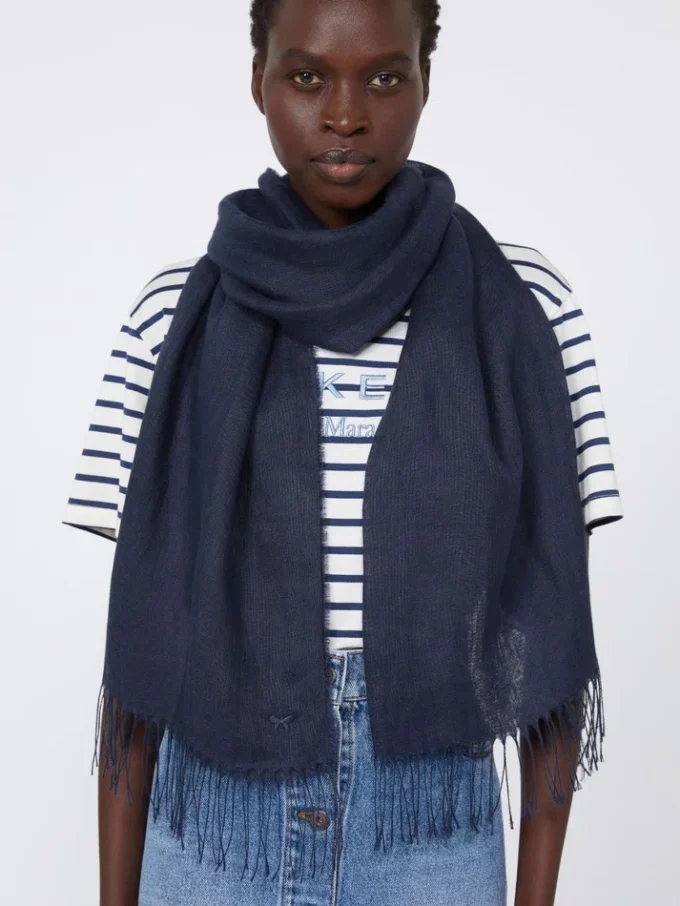 Linen stole with fringes, midnightblue