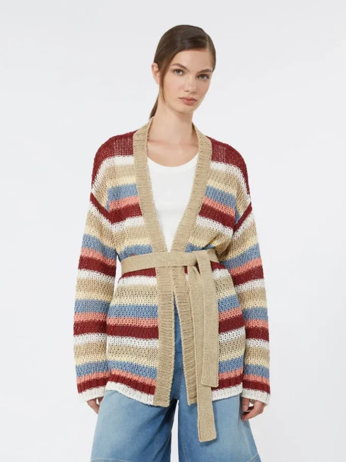 Linen yarn cardigan with belt, cherry