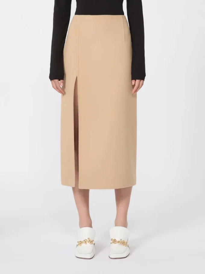 Long double-faced wool skirt, caramel