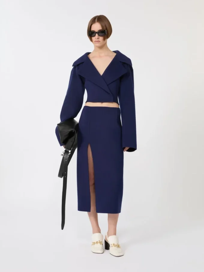 Long double-faced wool skirt, ultramarine