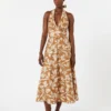 Long dress in printed poplin, caramel