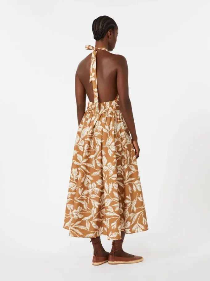Long dress in printed poplin, caramel