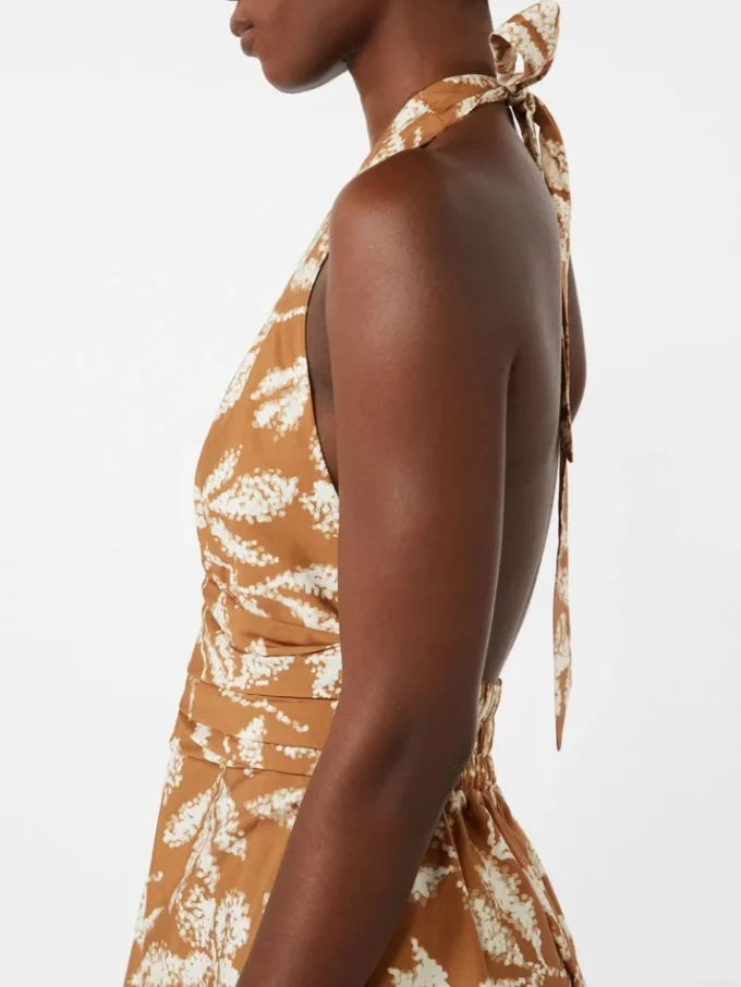 Long dress in printed poplin, caramel