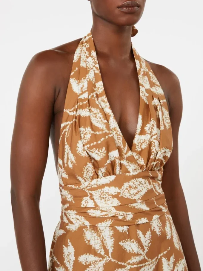 Long dress in printed poplin, caramel