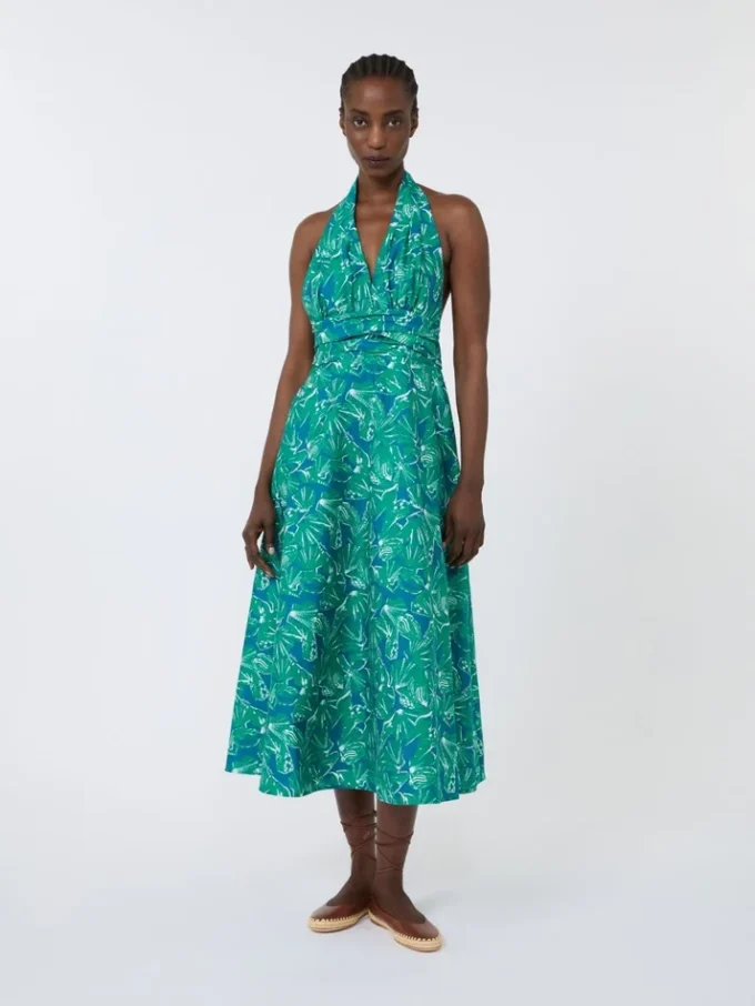 Long dress in printed poplin, emerald