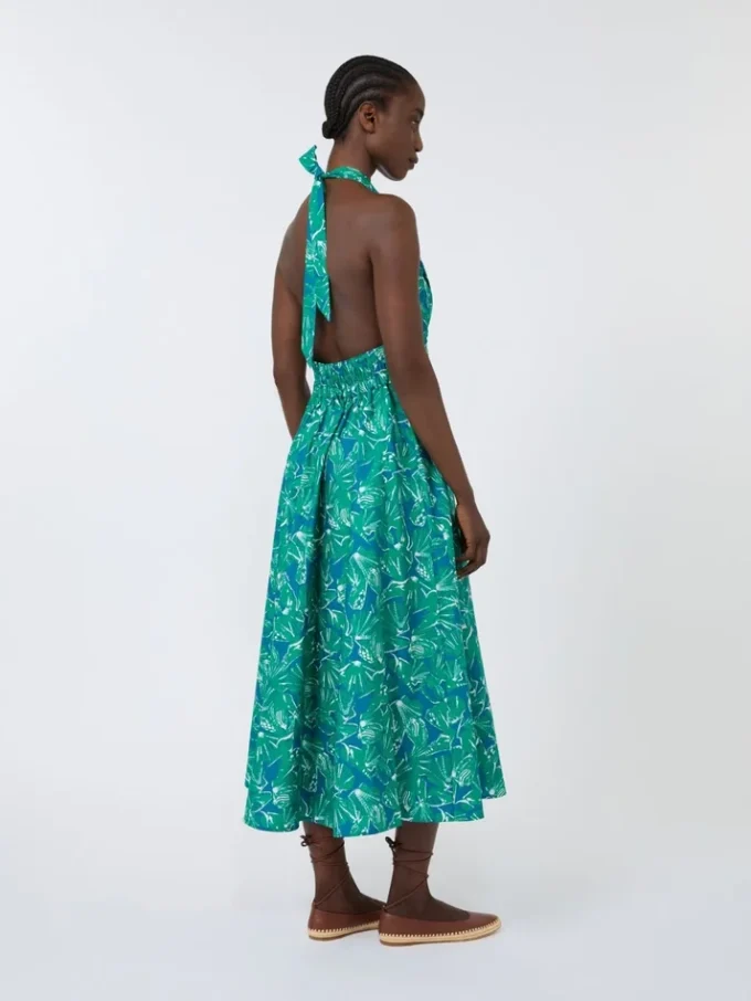 Long dress in printed poplin, emerald