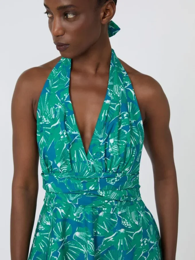 Long dress in printed poplin, emerald