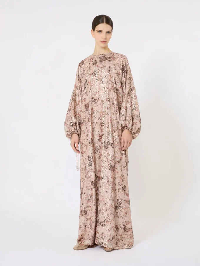 Long fil coupa and printed lama dress, rose gold