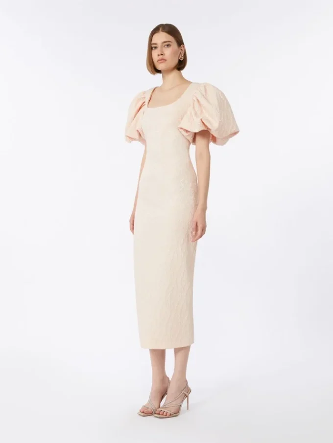 Long jacquard cloque dress, powder