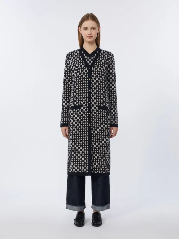 Long jacquard wool cardigan, ultramarine