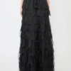 Long skirt with petals in silk organza, black