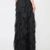 Long skirt with petals in silk organza, black
