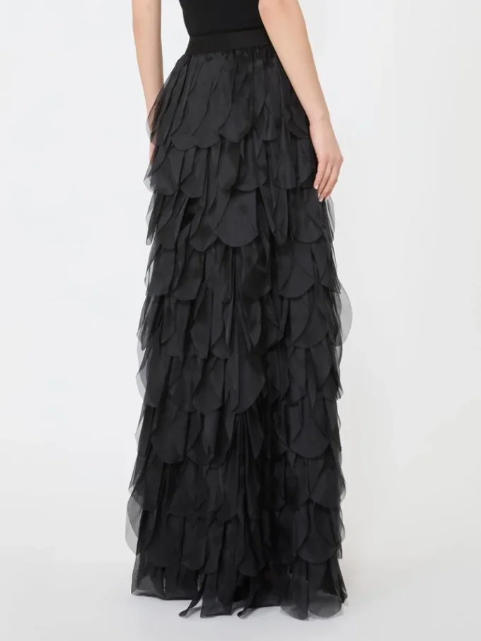 Long skirt with petals in silk organza, black