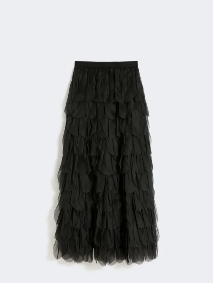 Long skirt with petals in silk organza, black