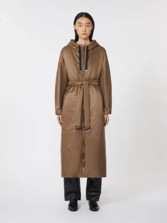 Long water-repellent canvas padded parka, tobacco