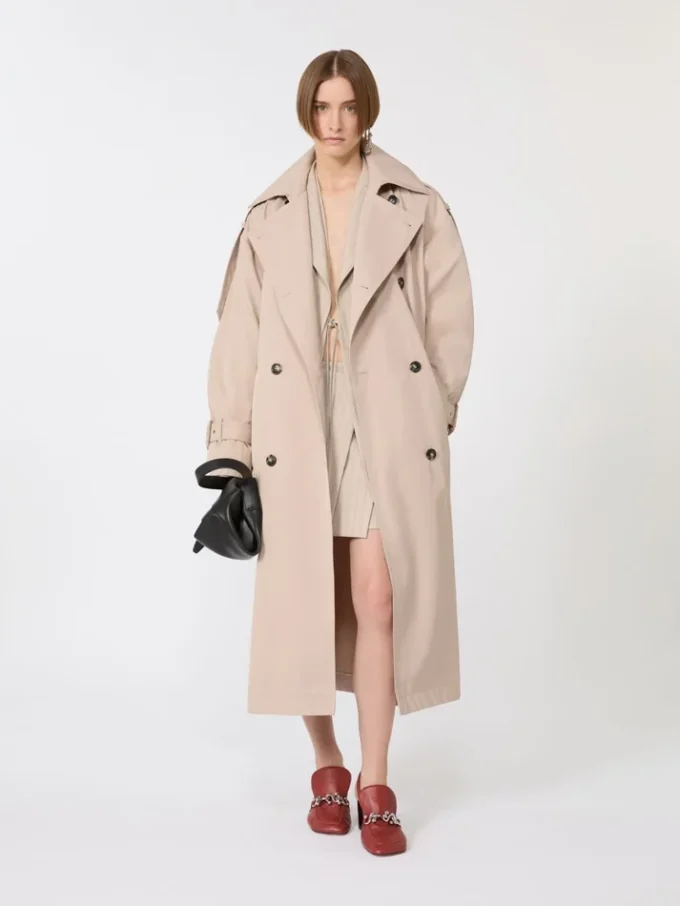 Long water-repellent twill trench coat, beige