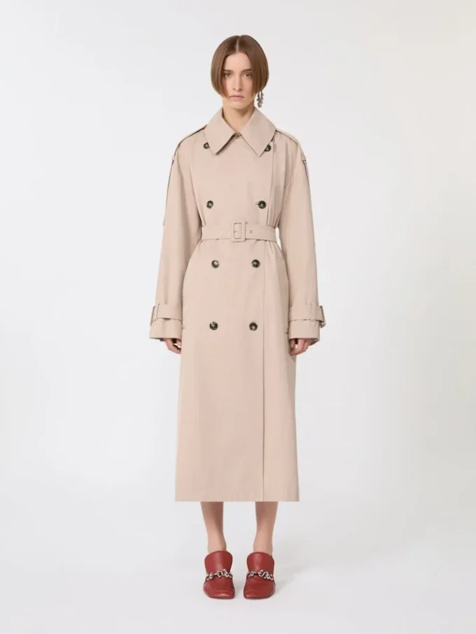 Long water-repellent twill trench coat, beige