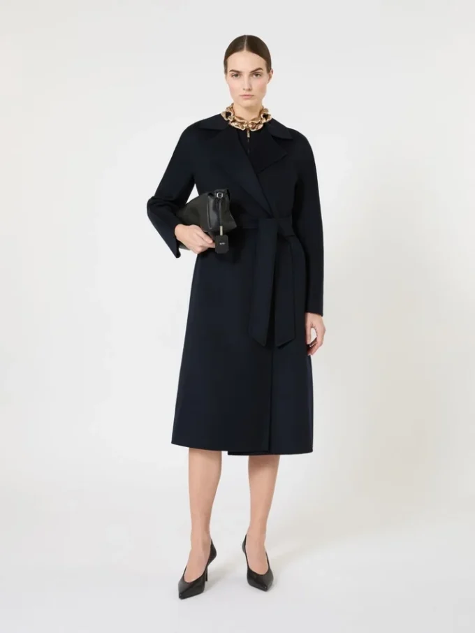 Long wool, cashmere and silk coat, navy