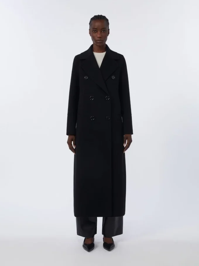 Long wool coat with half-belt detail, black Long wool coat with half-belt detail, black