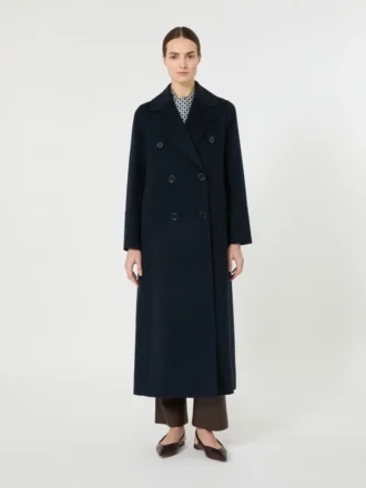 Long wool coat with half-belt detail, midnightblue