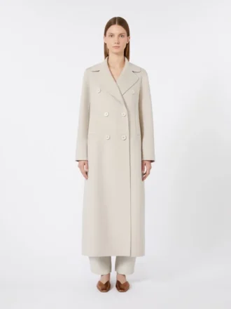 Long wool coat with half-belt detail, sand