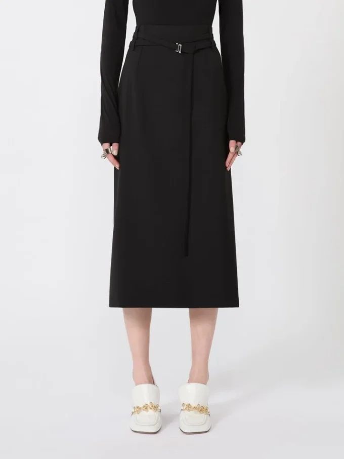 Long wool skirt with belt, black