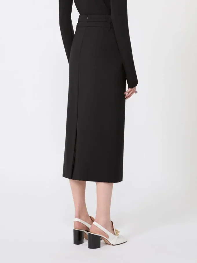 Long wool skirt with belt, black