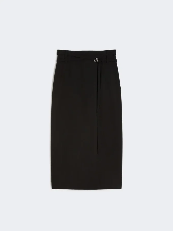 Long wool skirt with belt, black