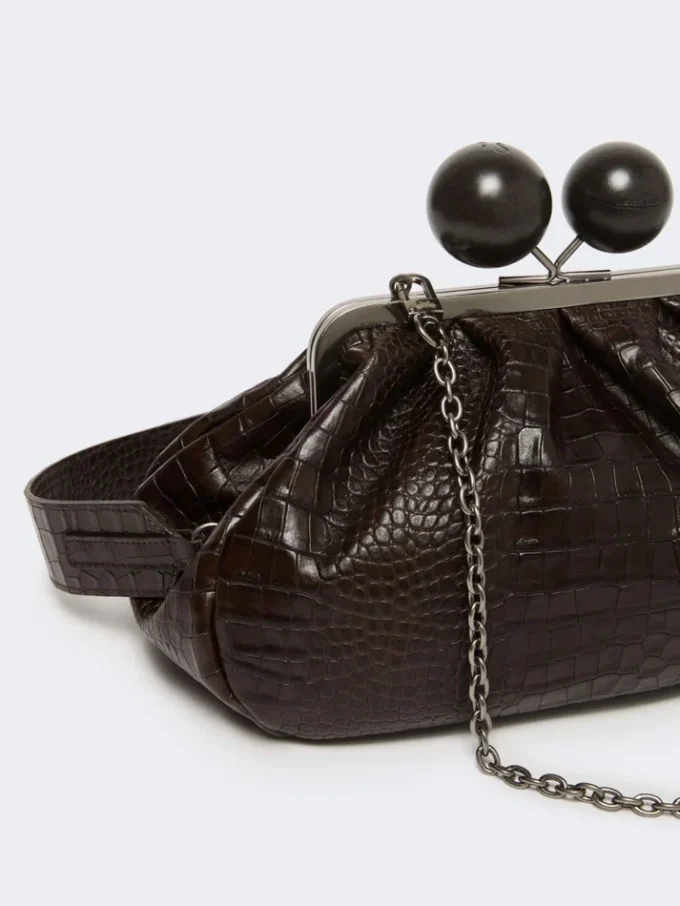 Medium crocodile-print leather pasticcino bag, dark brown