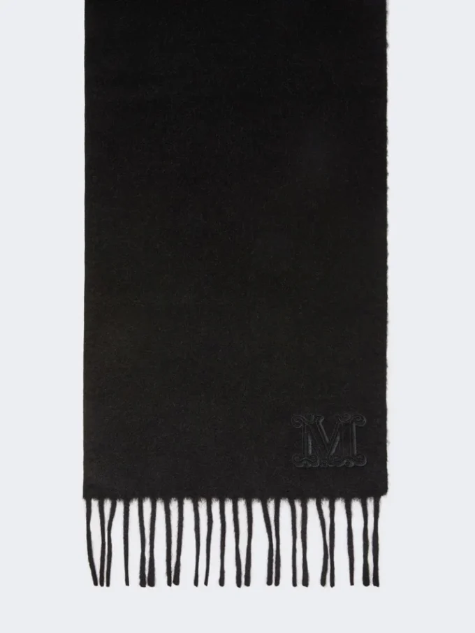 Monogram-embroidered camel stole, black Monogram-embroidered camel stole, black