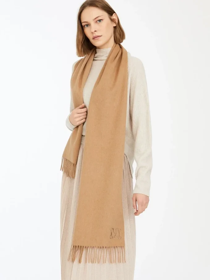 Monogram-embroidered camel stole, camel