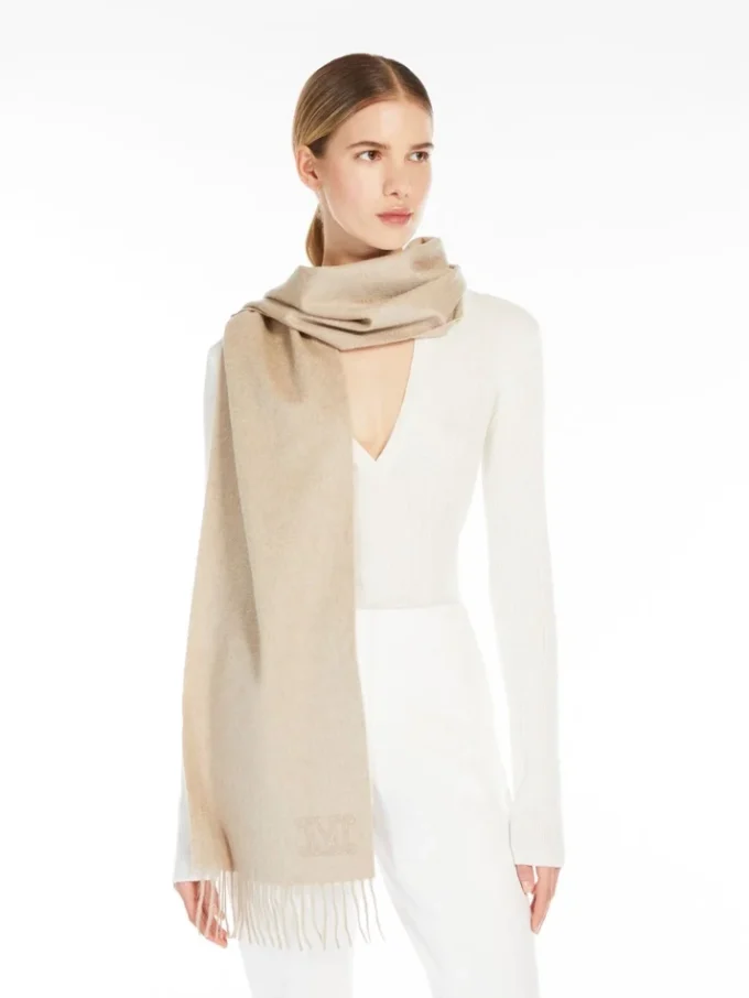 Monogram-embroidered cashmere stole, beige