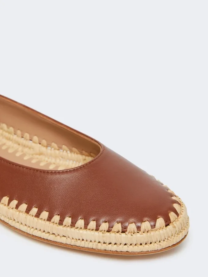 Nappa and raffia ballerinas, tobacco