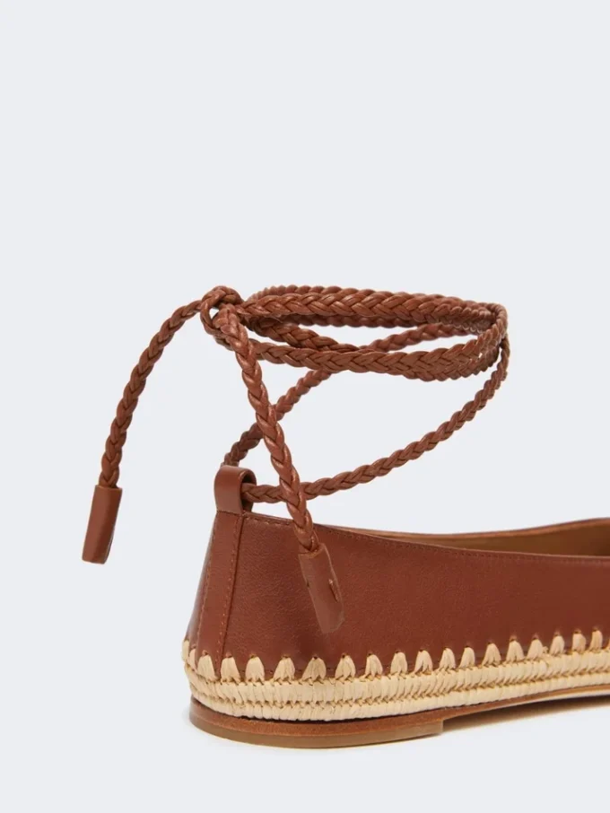 Nappa and raffia ballerinas, tobacco